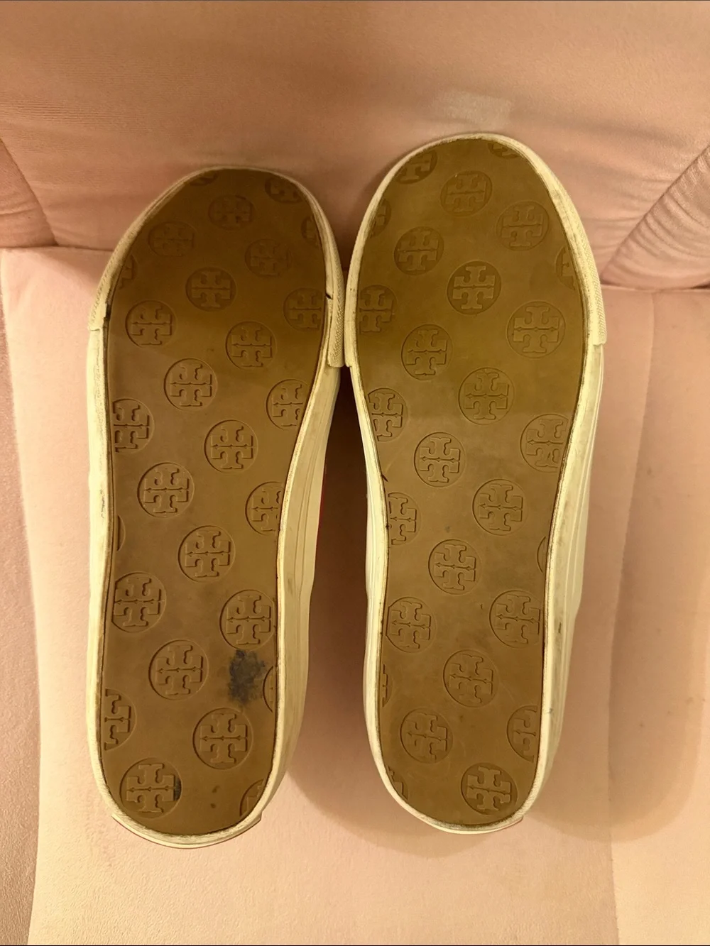 Tory Burch Pink and Tan Patterned Canvas Slip-Ons